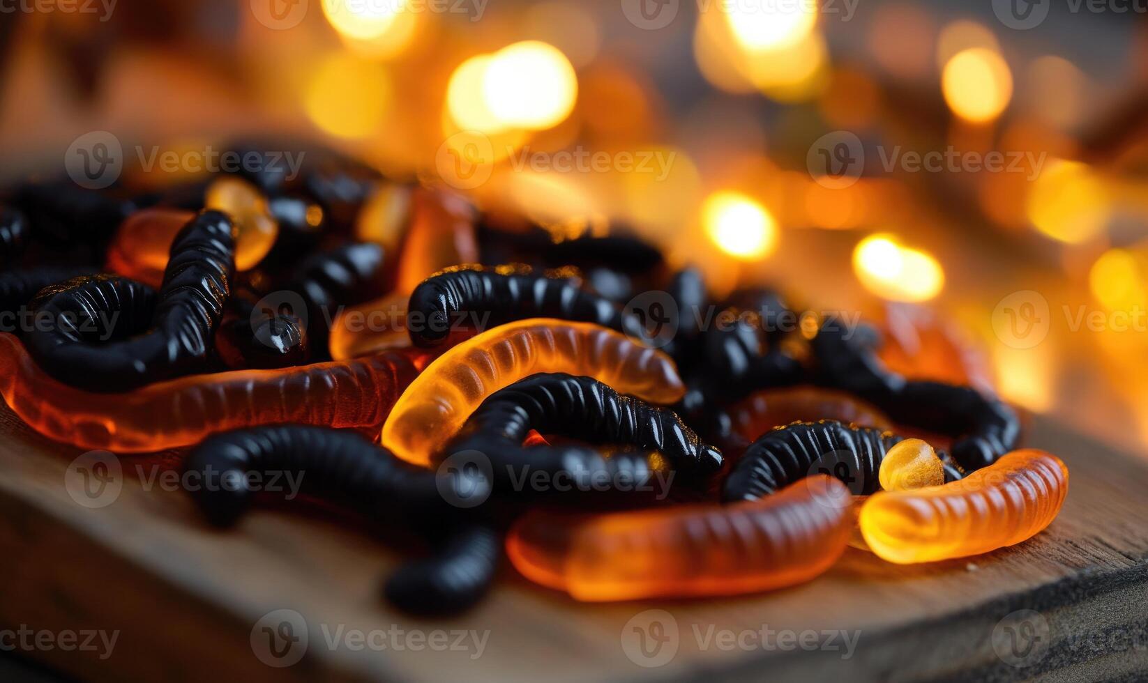 Pile of gummy worms in black and orange, lying on a wooden tray photo