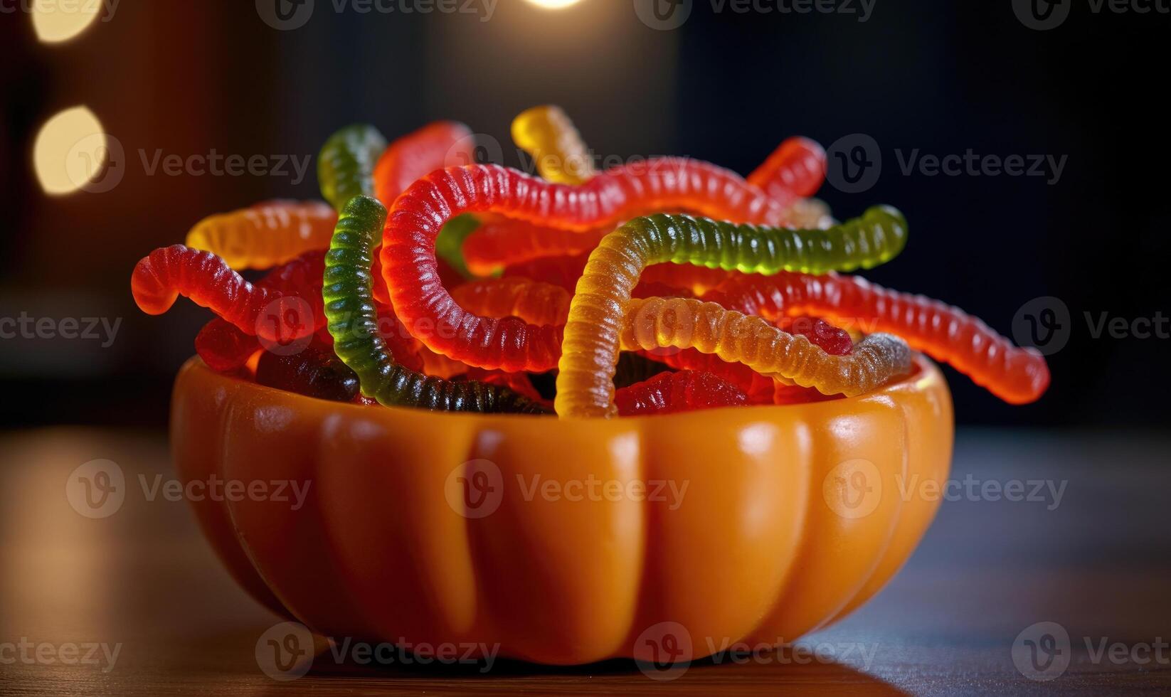 Pile of neon gummy worms, placed in a pumpkin-shaped bowl photo