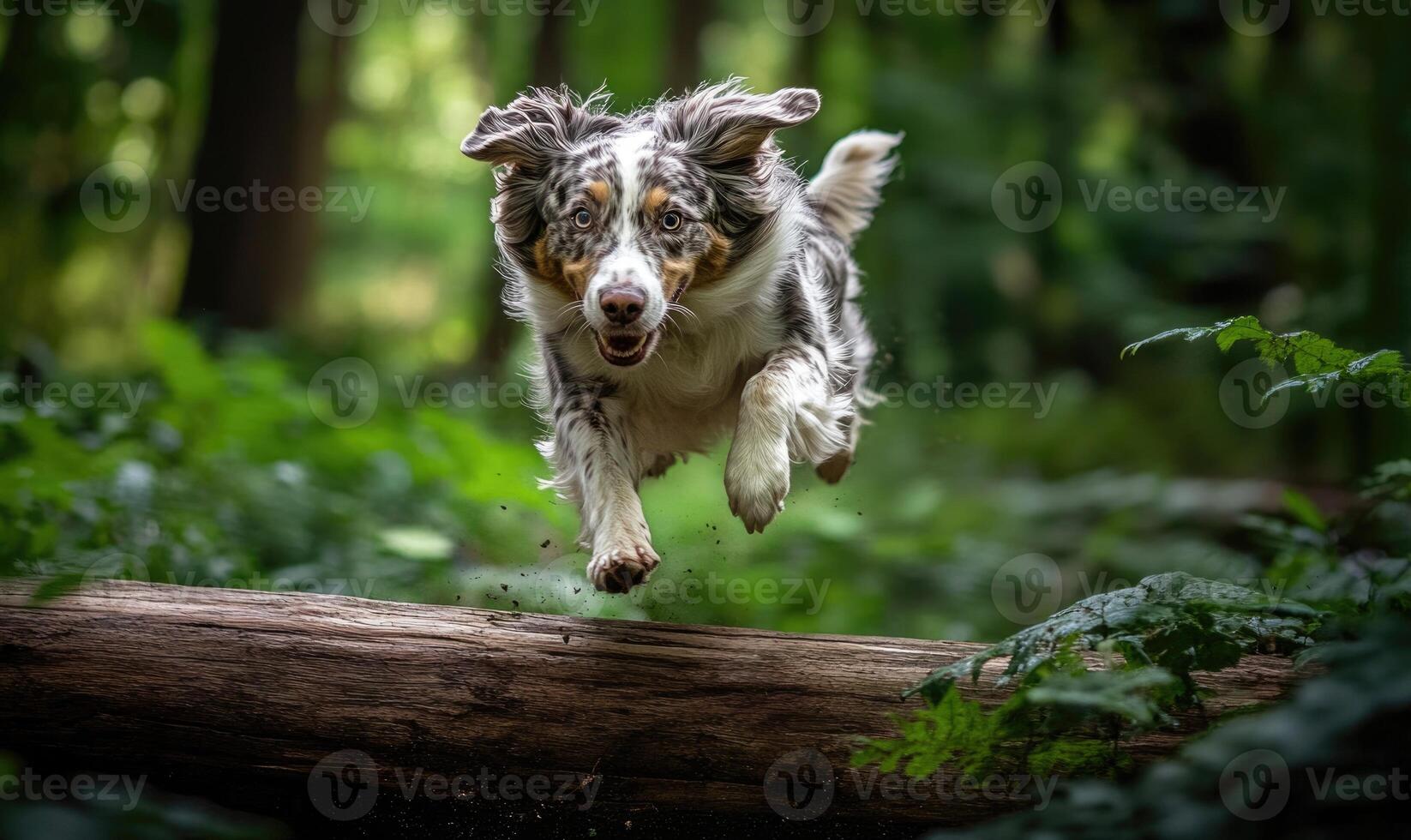Scottish Sheepdog jumping over a fallen log in a forest photo