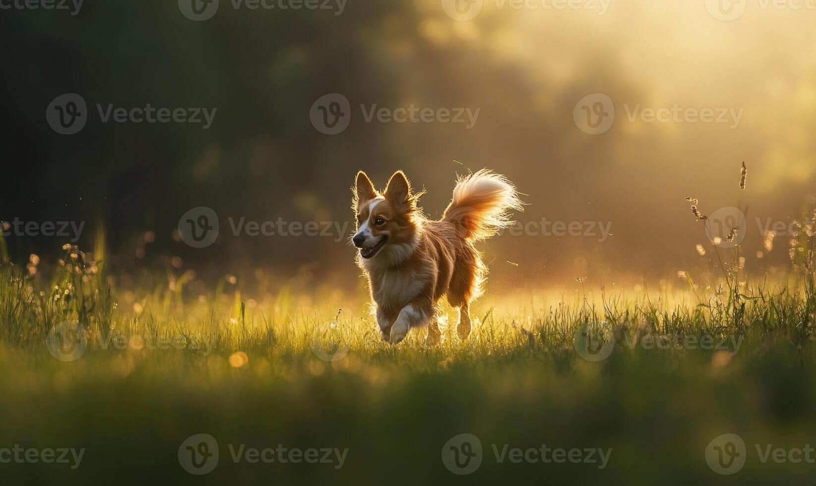 Scottish Sheepdog running across a field, grass swaying photo
