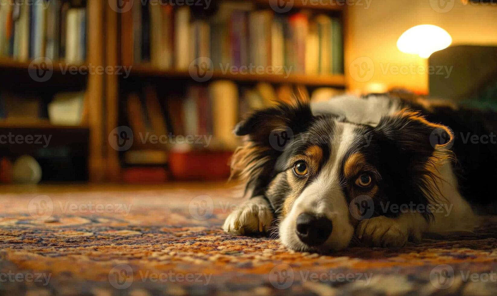 Scottish Sheepdog lying on a soft indoor rug, warm ambient lighting photo