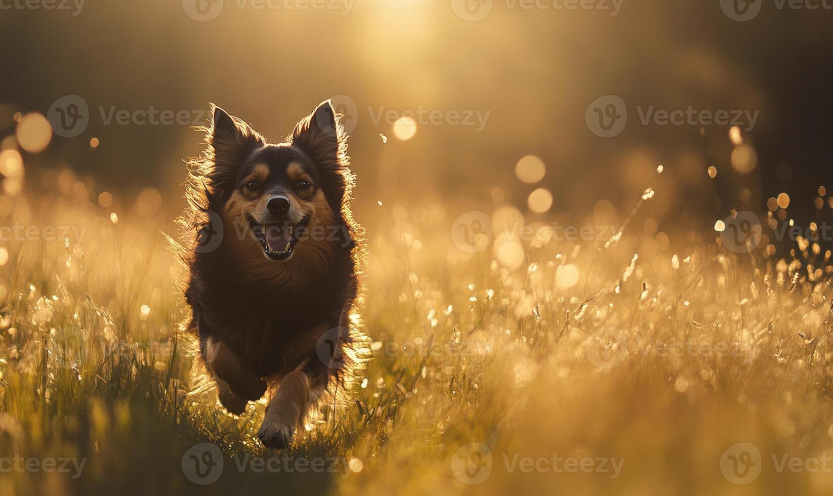 Scottish Sheepdog running across a field, grass swaying photo