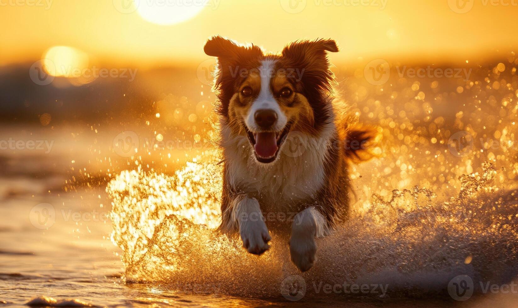 Scottish Sheepdog running along the shoreline at sunset photo