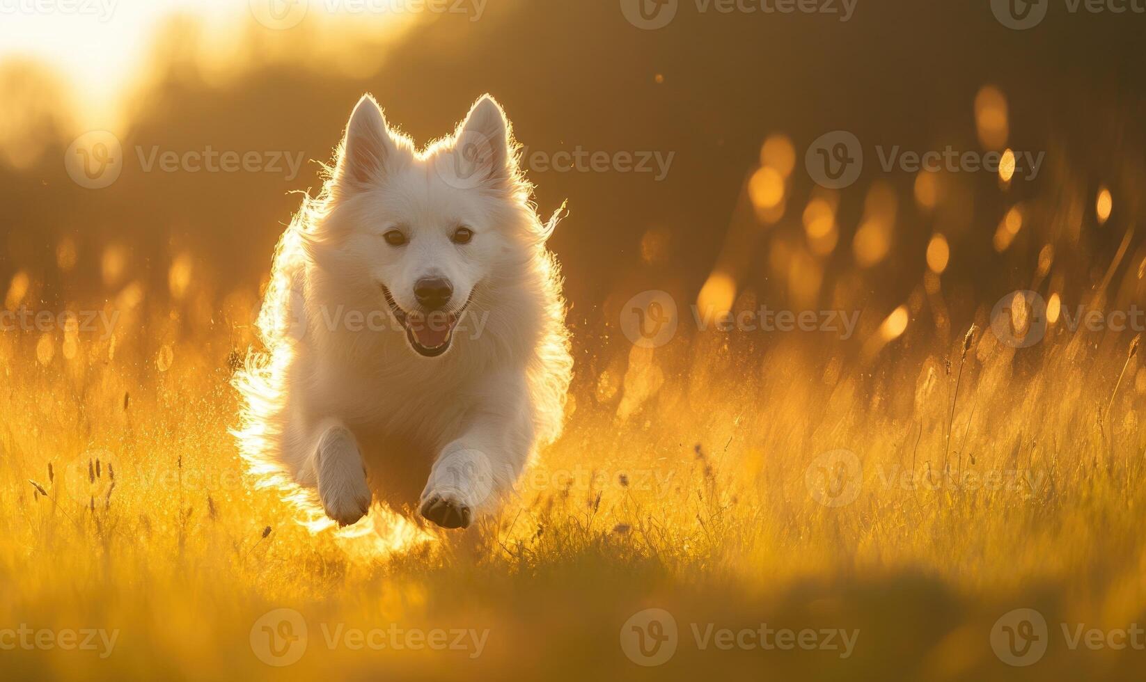 Scottish Sheepdog running across a field, grass swaying photo