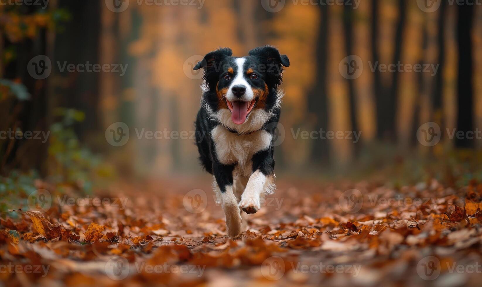 Scottish Sheepdog running through a forest path, leaves crunching underfoot photo