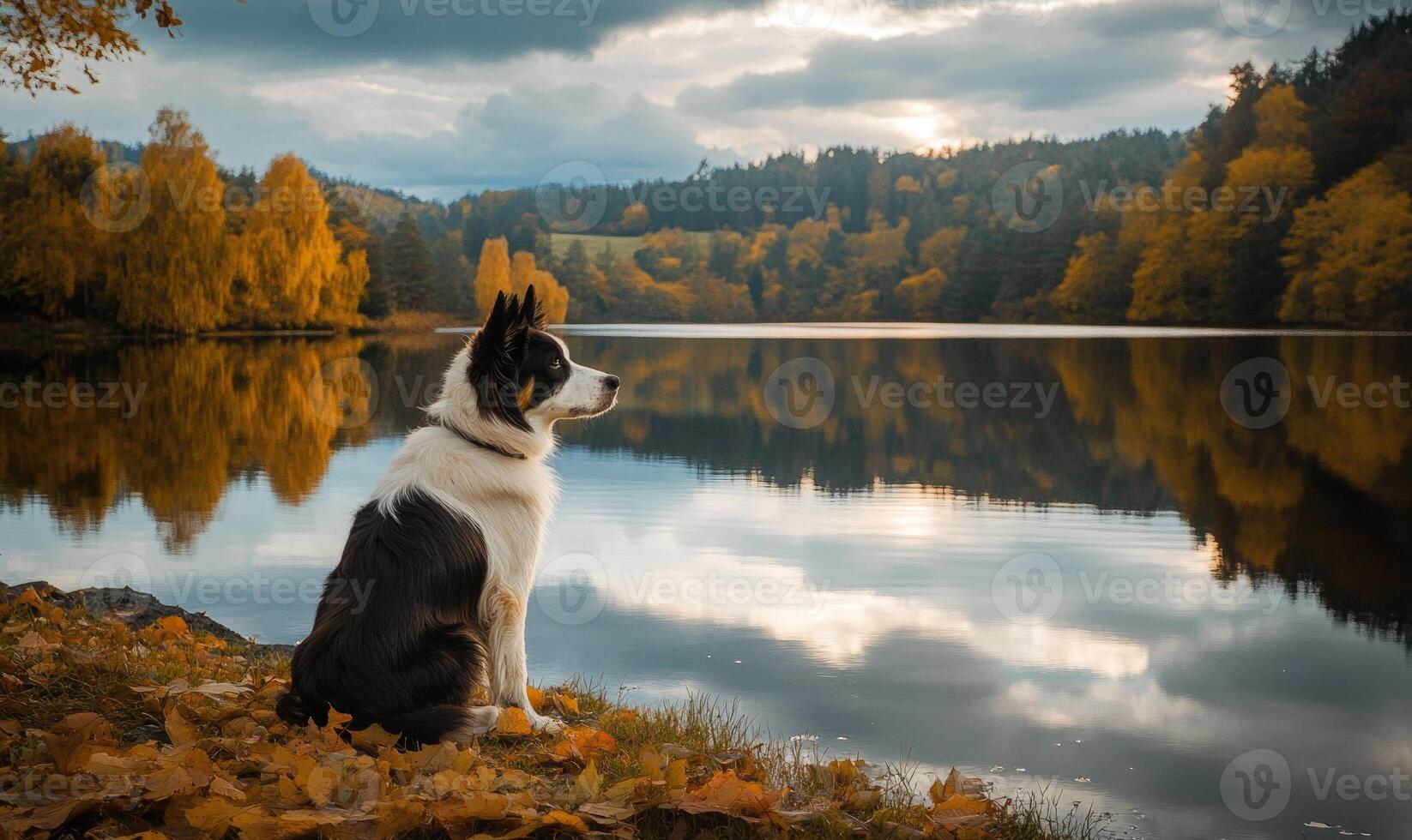 Scottish Sheepdog sitting by a tranquil lake, calm water reflecting the sky photo