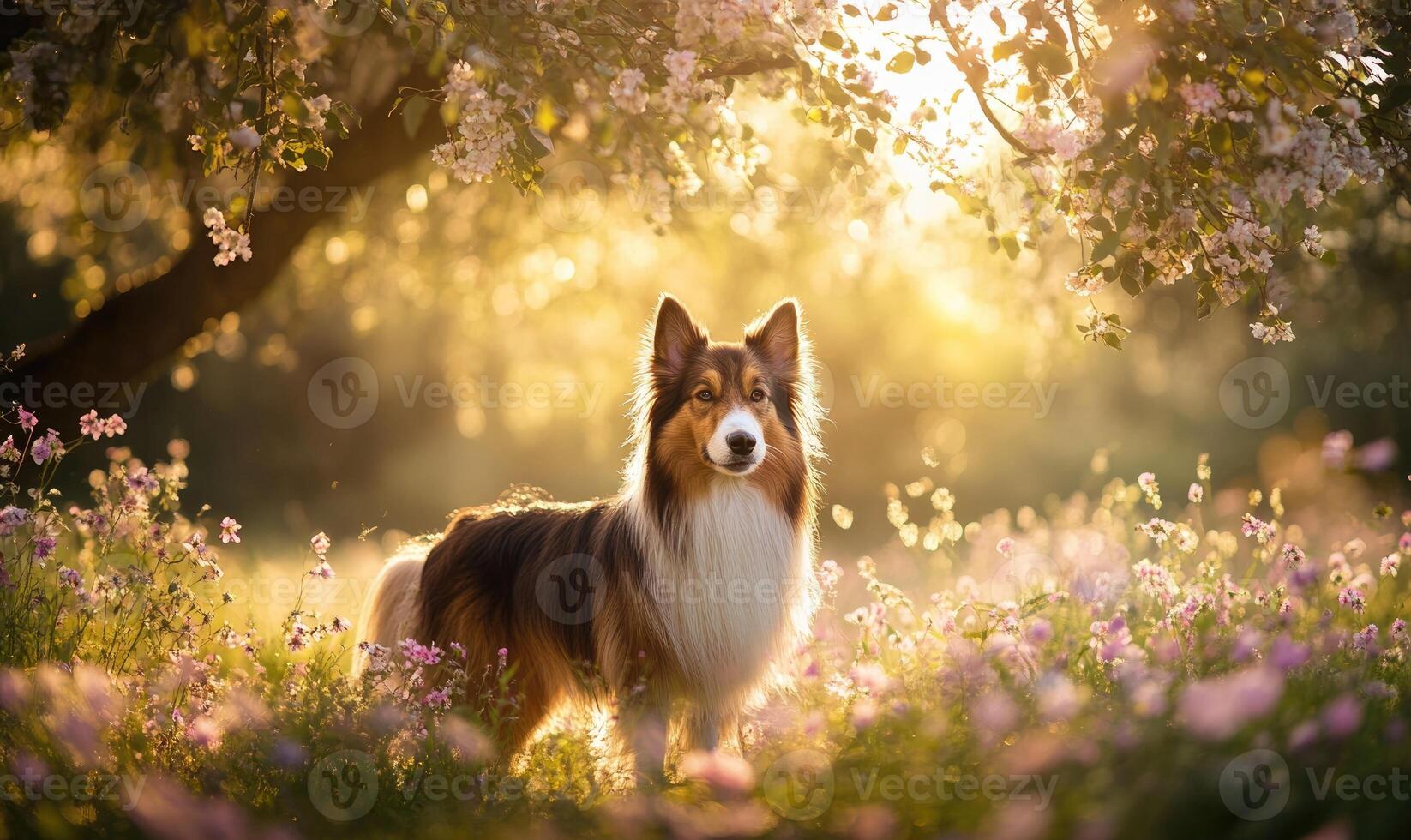 Scottish Sheepdog standing in a blooming meadow photo