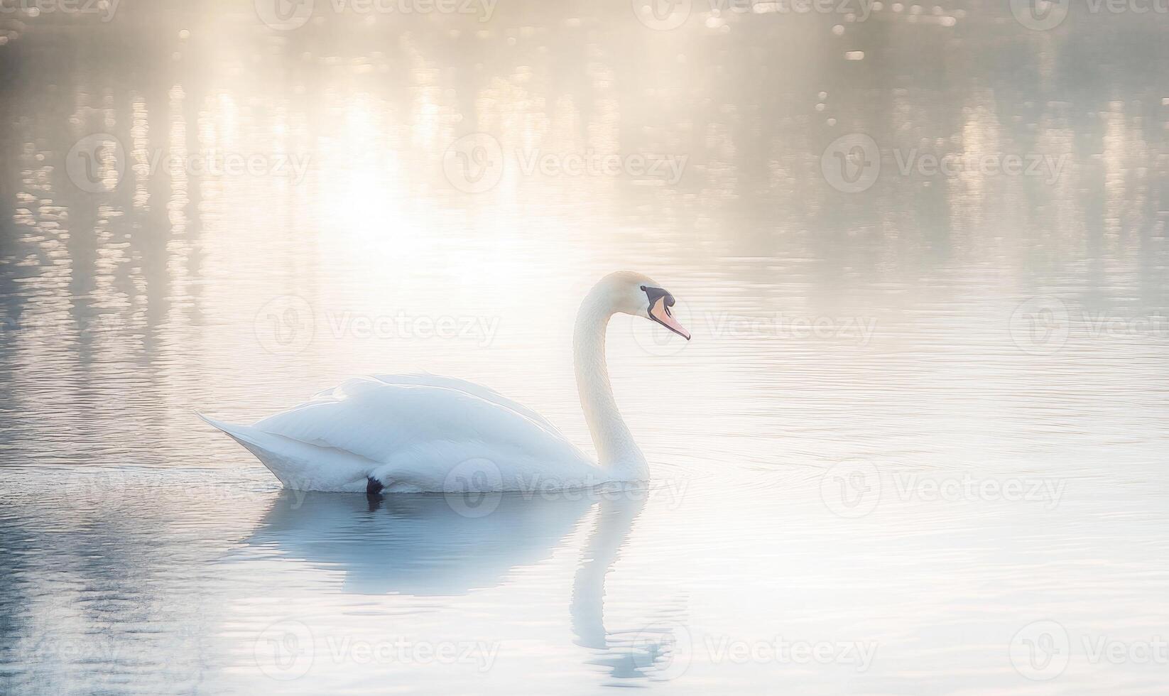 Serene white swan drifting on still water, gentle reflections shimmering in the evening light photo