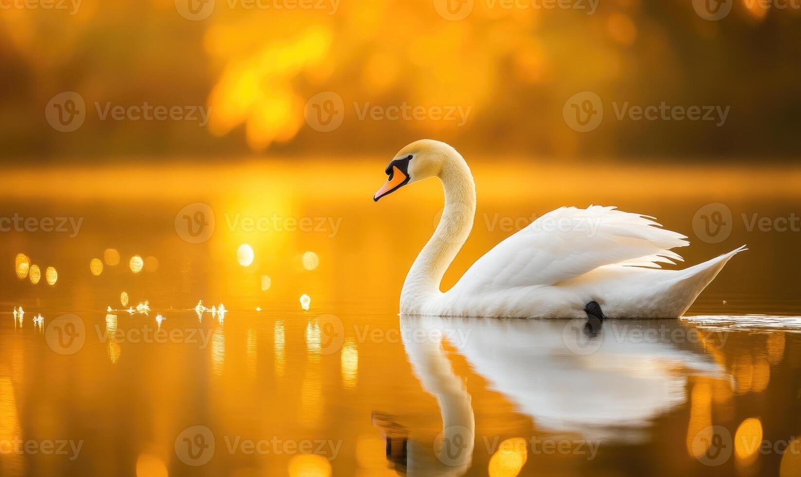 Serene white swan drifting on still water, gentle reflections shimmering in the evening light photo