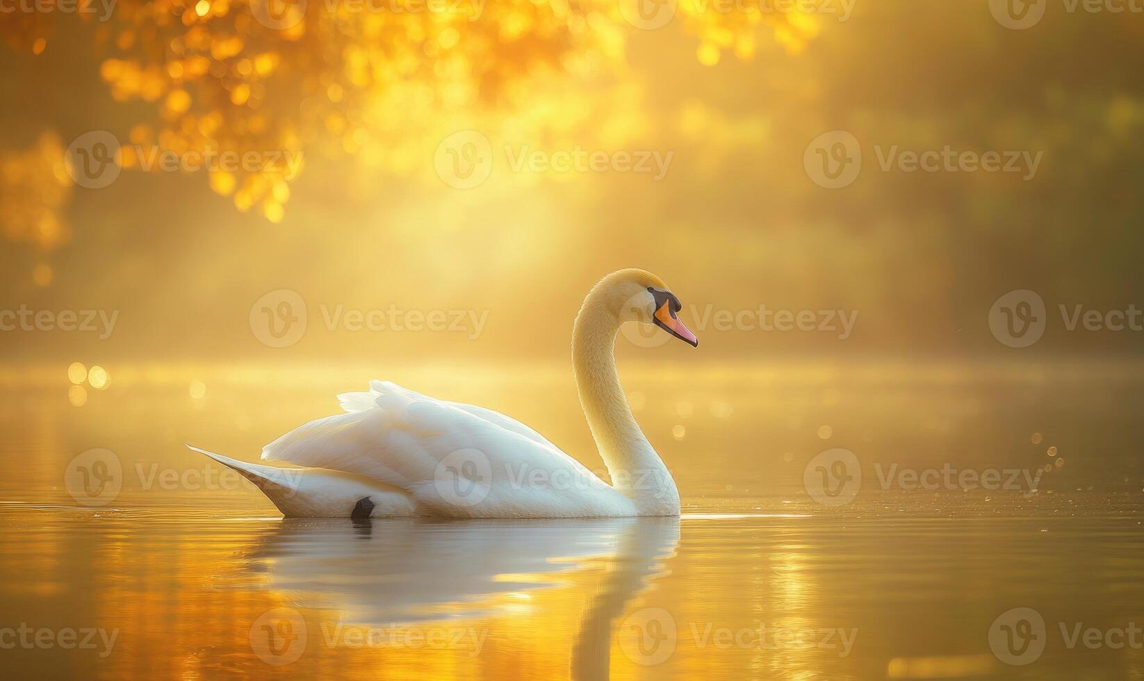 Serene white swan drifting on still water, gentle reflections shimmering in the evening light photo