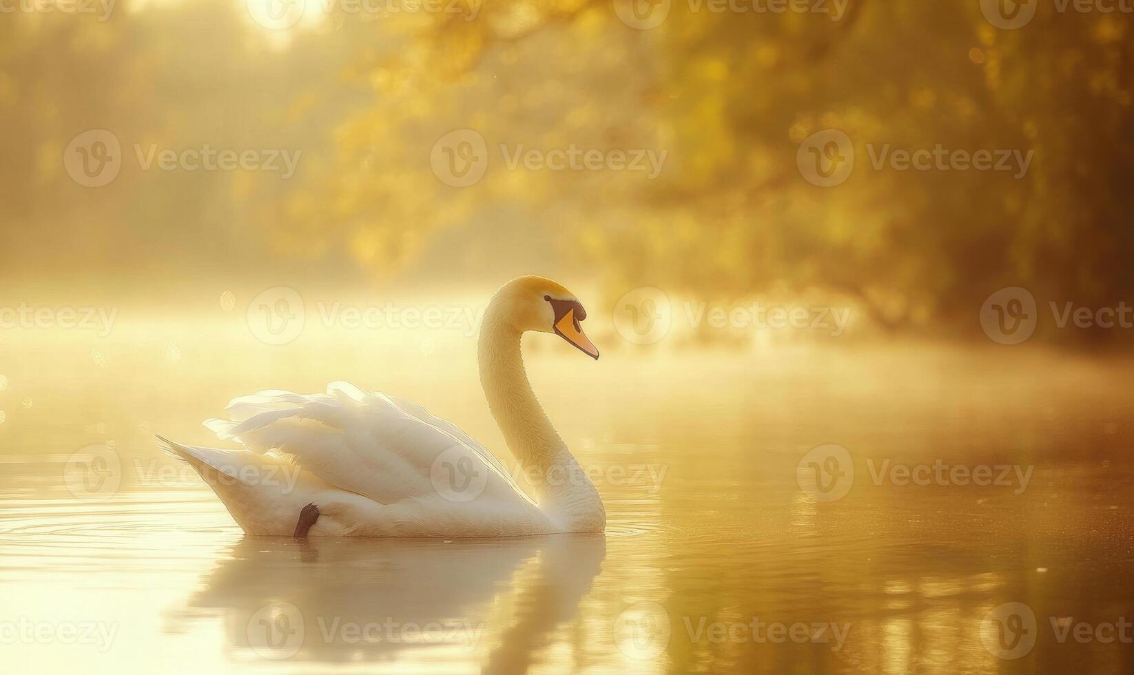 Serene white swan drifting on still water, gentle reflections shimmering in the evening light photo