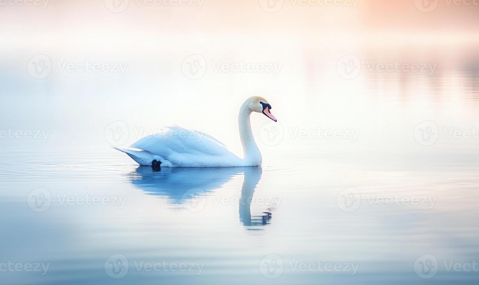 Serene white swan floating on calm water, soft morning light casting golden reflections photo