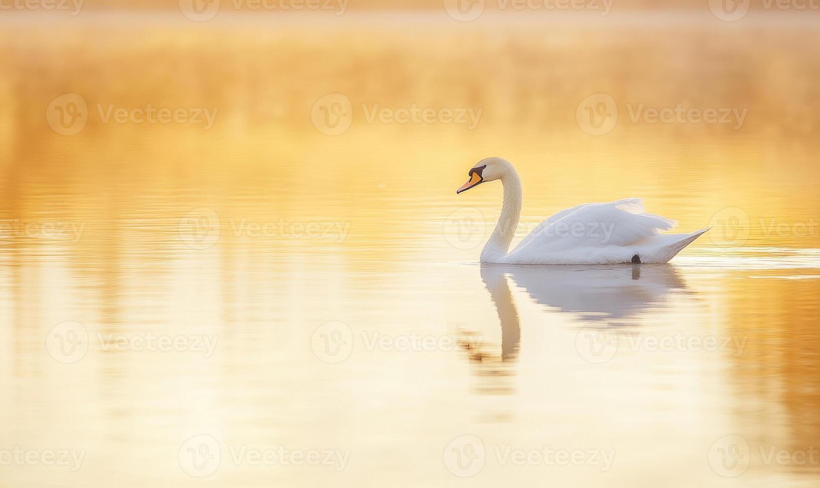 Serene white swan floating on calm water, soft morning light casting golden reflections photo