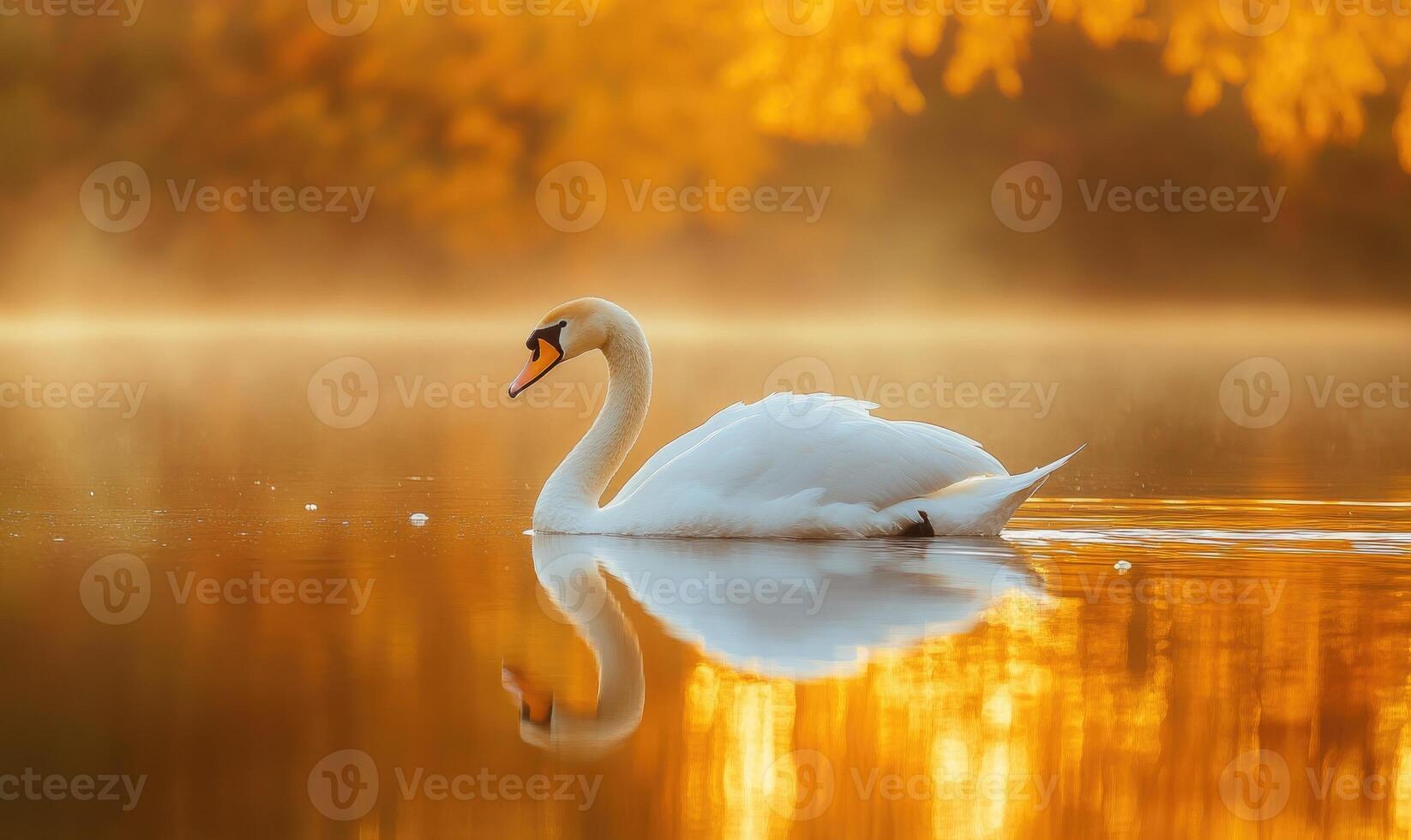 Serene white swan drifting on still water, gentle reflections shimmering in the evening light photo