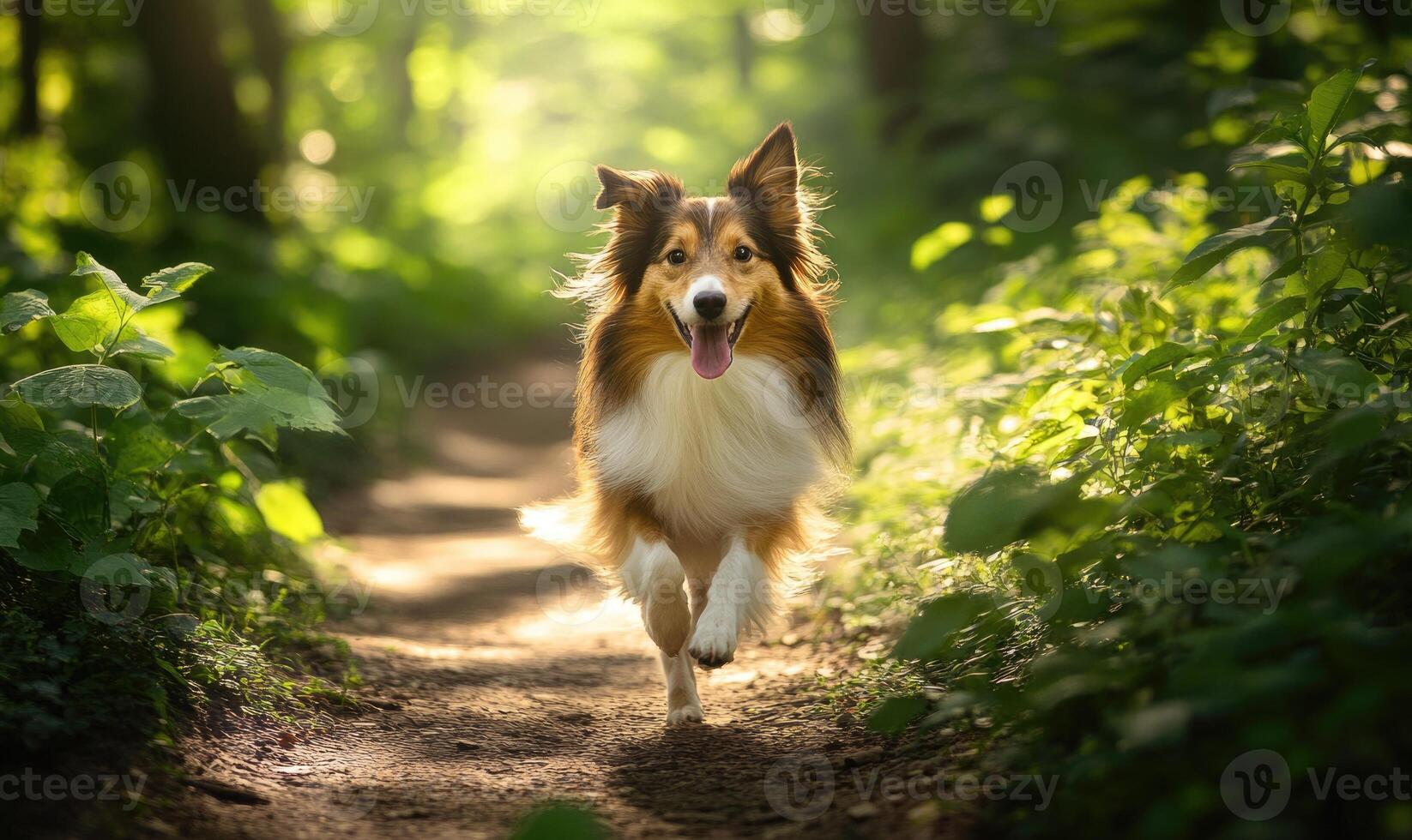 Sheltie running through a forest trail, dappled sunlight photo
