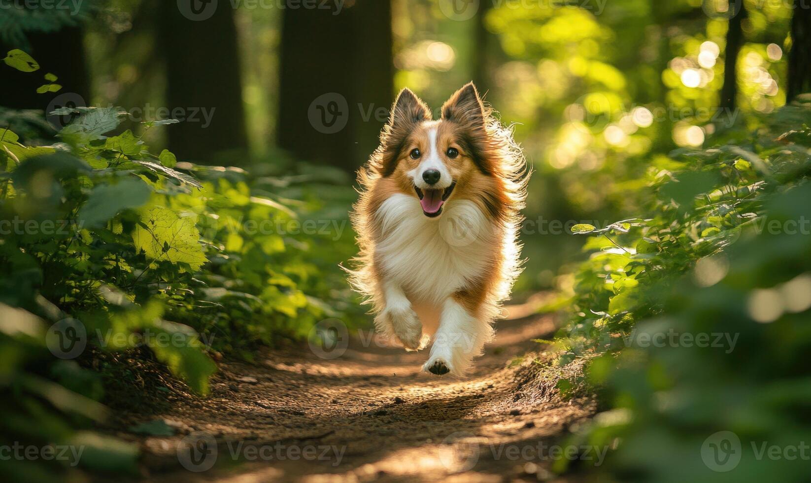 Sheltie running through a forest trail, dappled sunlight photo