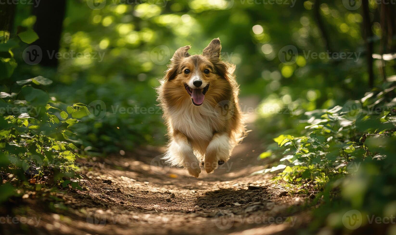 Sheltie running through a forest trail, dappled sunlight photo