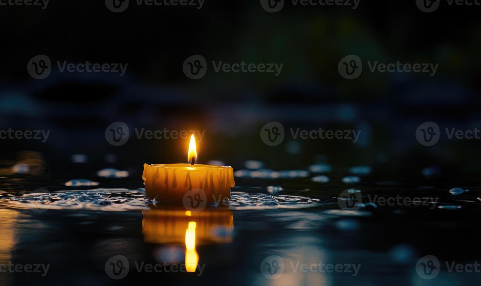 Single candle drifting softly on a calm lake, warm glow reflecting off the water photo