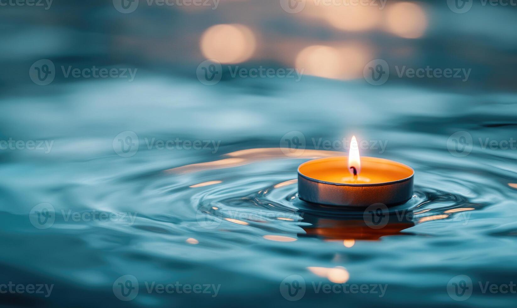 Single candle drifting softly on a calm lake, warm glow reflecting off the water photo