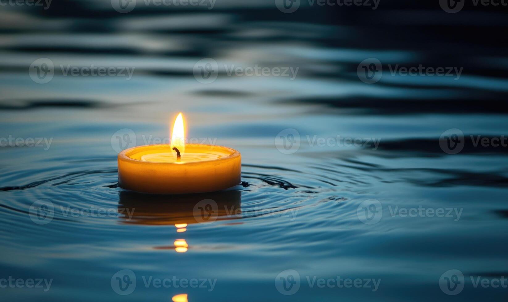 Single candle drifting softly on a calm lake, warm glow reflecting off the water photo
