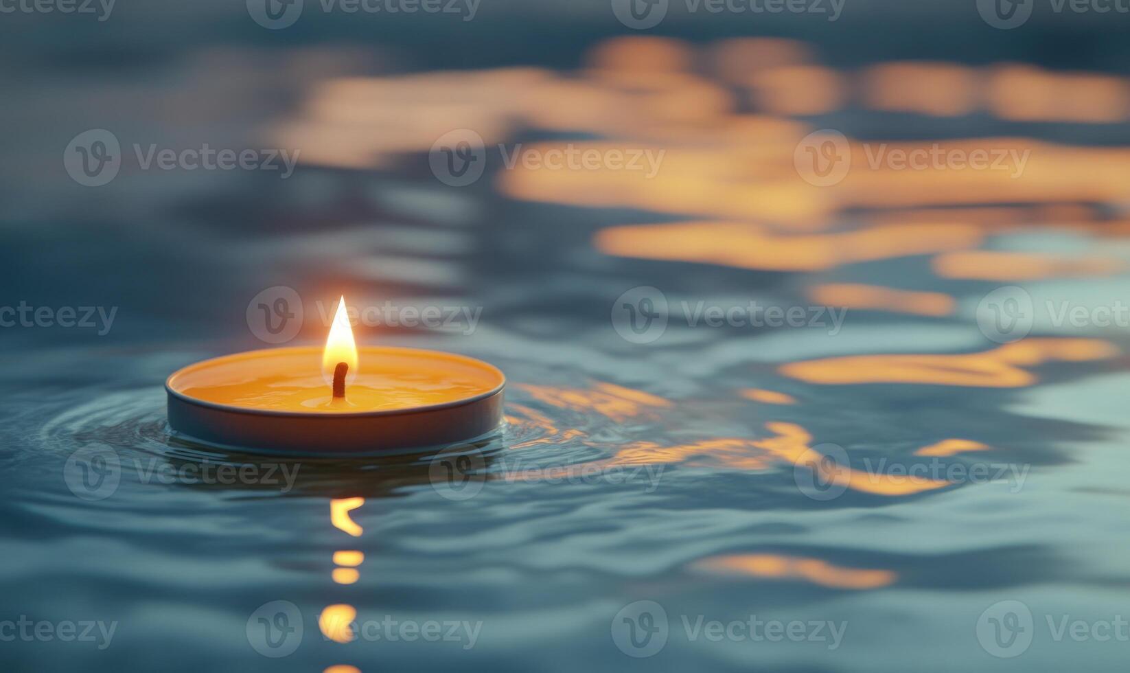Single candle drifting softly on a calm lake, warm glow reflecting off the water photo