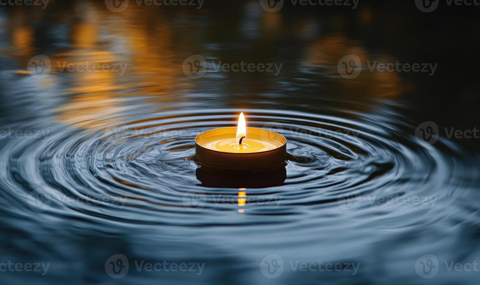 Single candle drifting softly on a calm lake, warm glow reflecting off the water photo