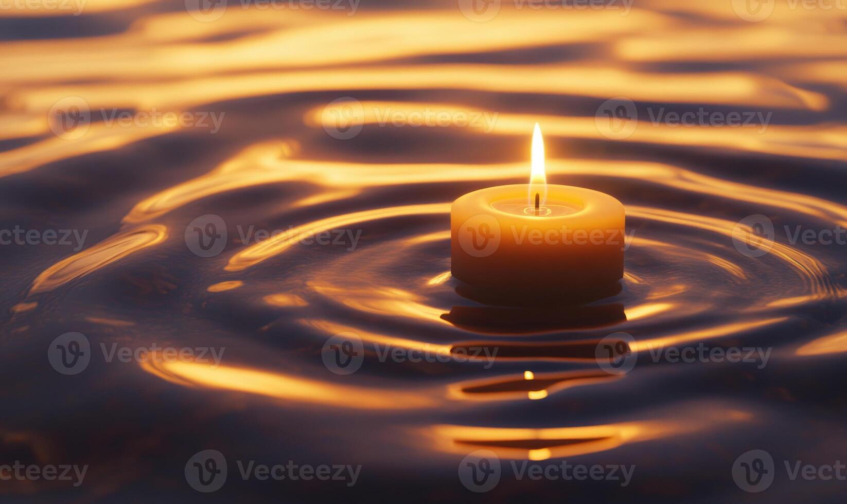 Single candle drifting softly on a calm lake, warm glow reflecting off the water photo