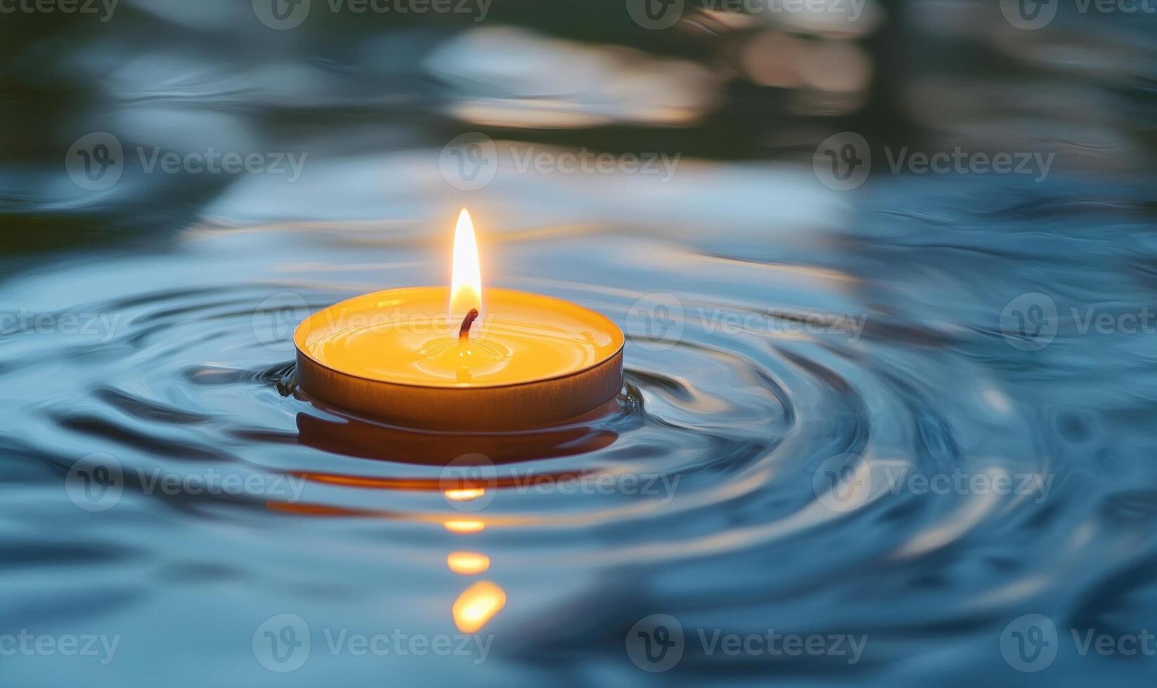 Single candle drifting softly on a calm lake, warm glow reflecting off the water photo