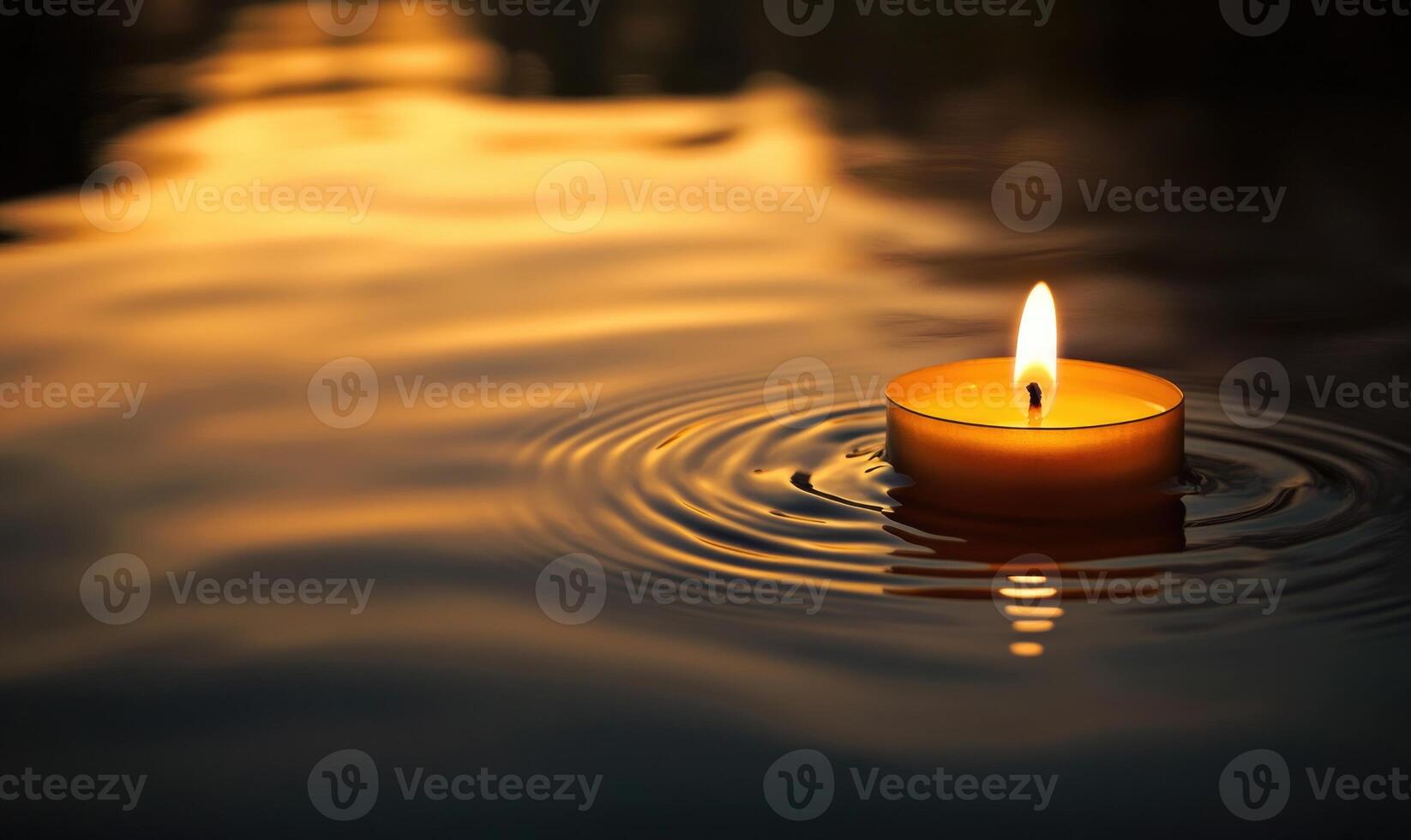 Single candle drifting softly on a calm lake, warm glow reflecting off the water photo