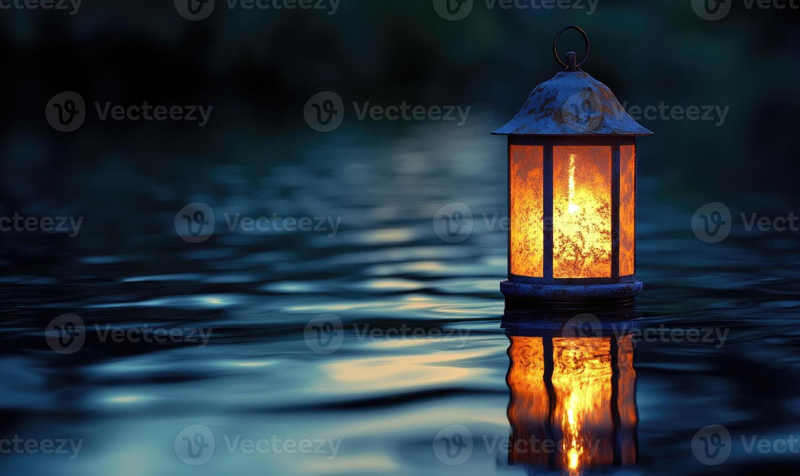 Single floating candle on rippling water, soft golden glow illuminating the scene photo