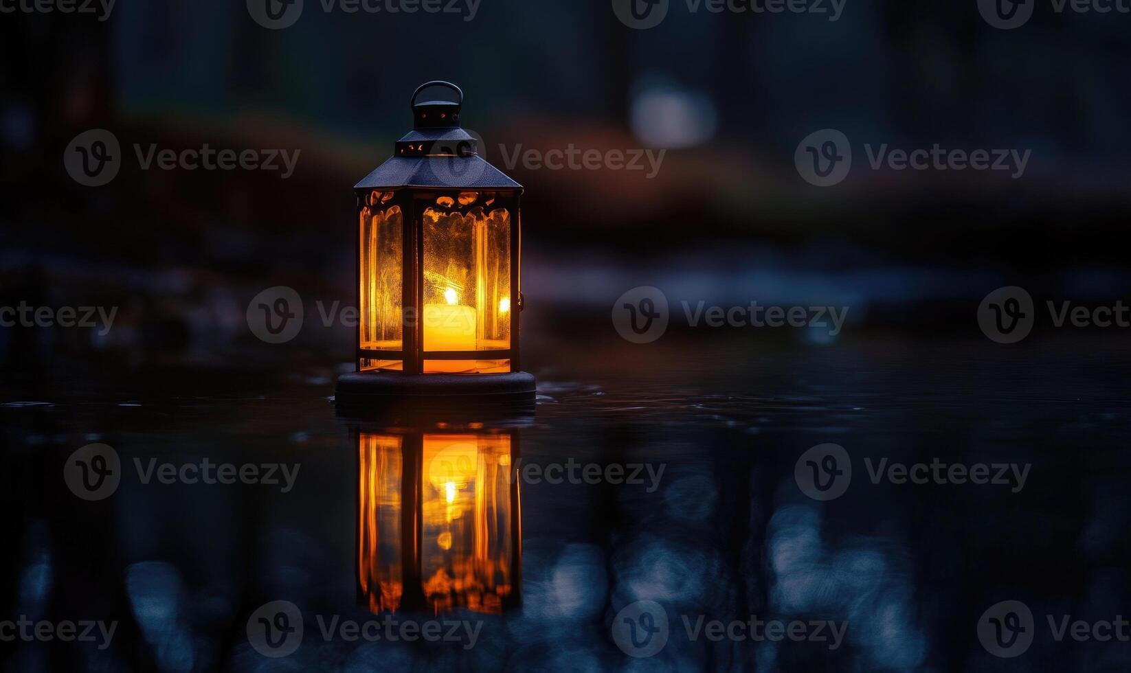 Single floating candle on rippling water, soft golden glow illuminating the scene photo