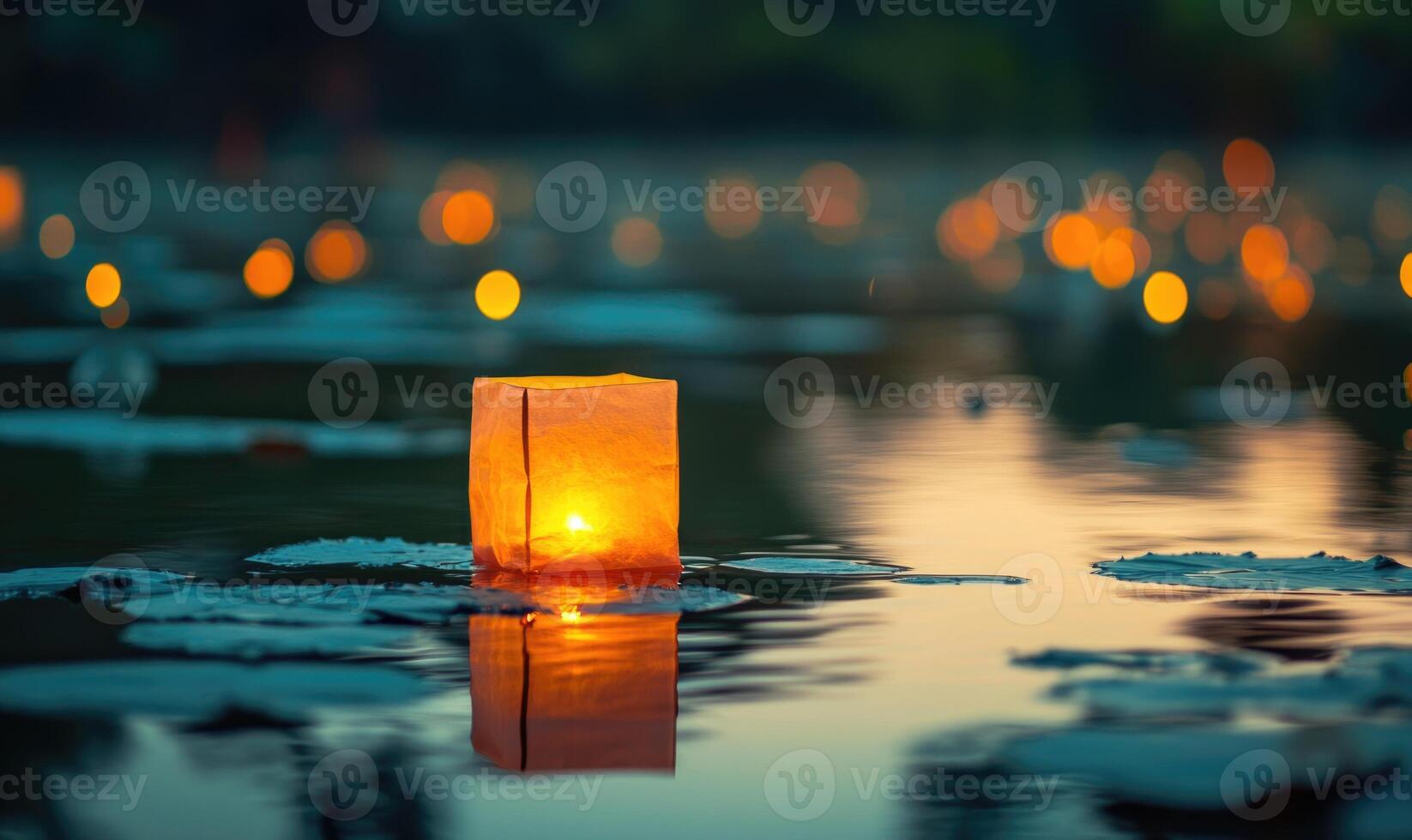 Single floating candle on rippling water, soft golden glow illuminating the scene photo