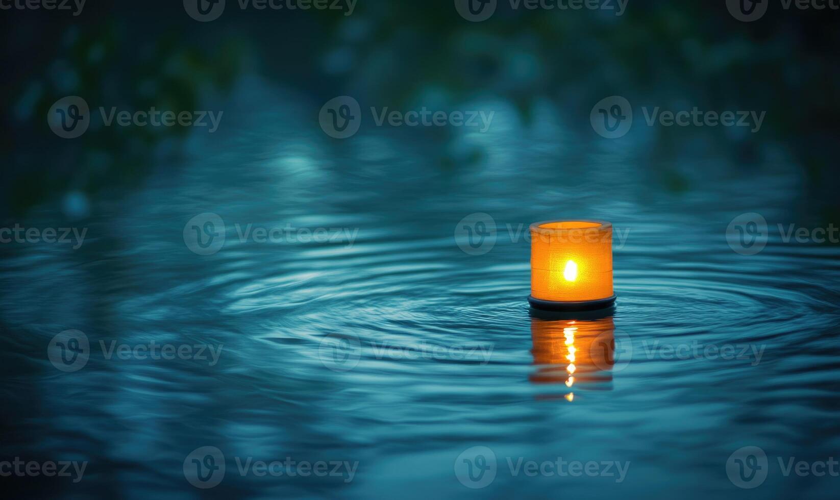 Single floating candle on rippling water, soft golden glow illuminating the scene photo