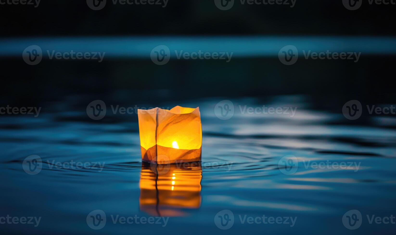 Single floating candle on rippling water, soft golden glow illuminating the scene photo