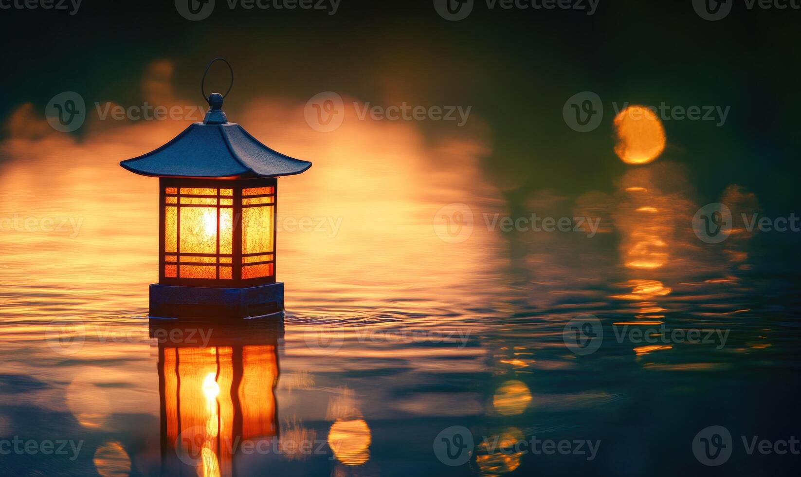 Single floating candle on rippling water, soft golden glow illuminating the scene photo