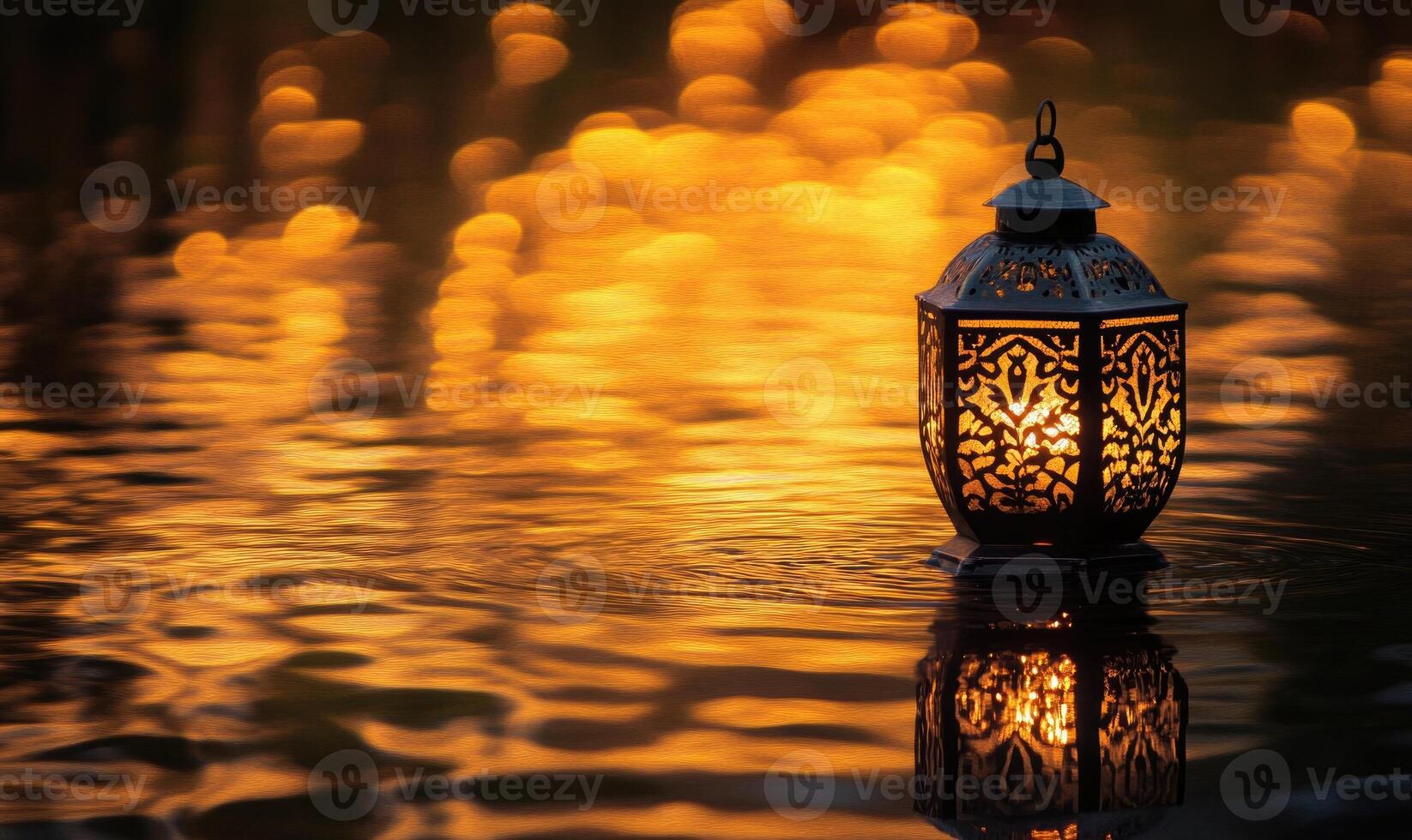 Single floating candle on rippling water, soft golden glow illuminating the scene photo
