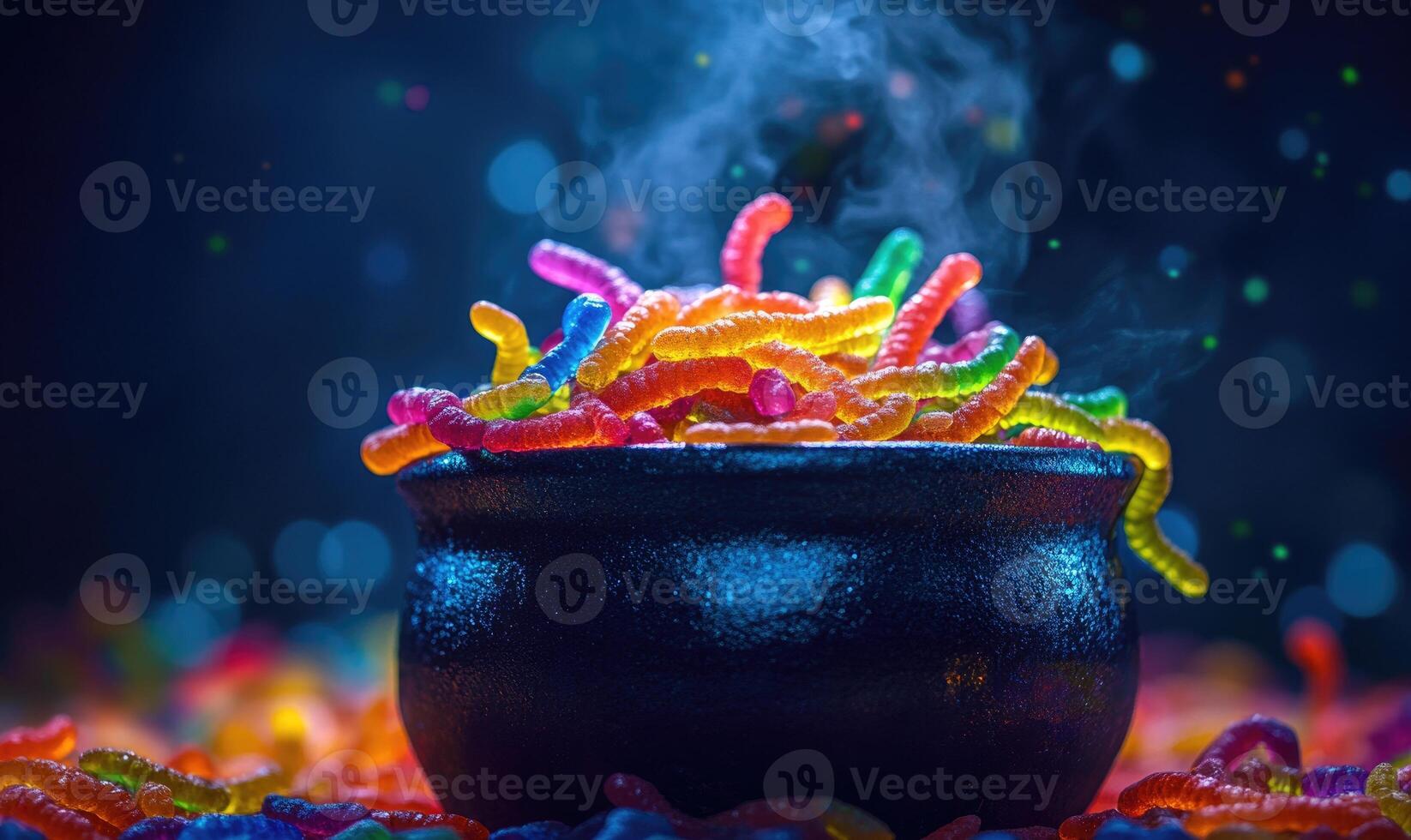 Small cauldron filled with gummy worms in black photo