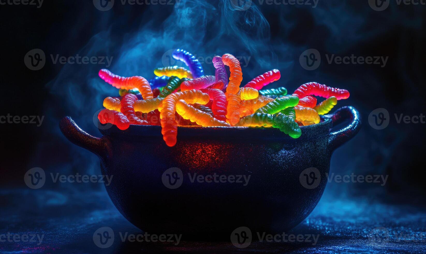 Small cauldron filled with gummy worms in black photo