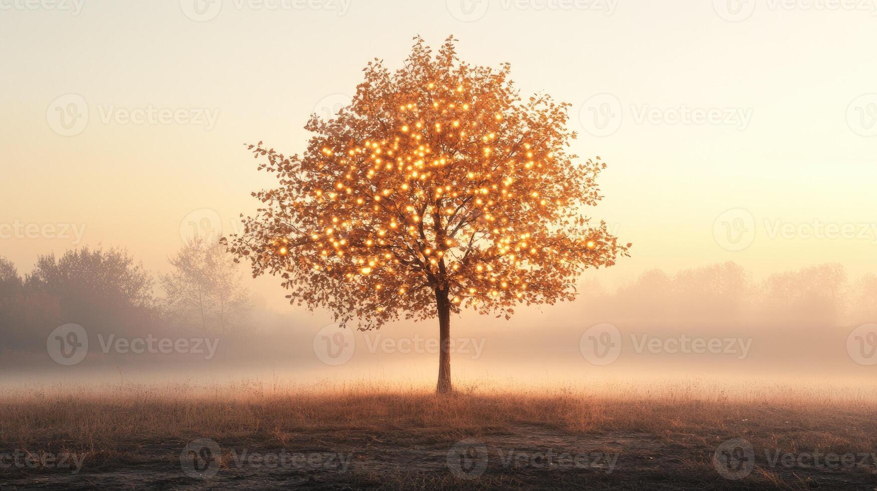 Sparse autumn tree adorned with glowing fairy lights photo