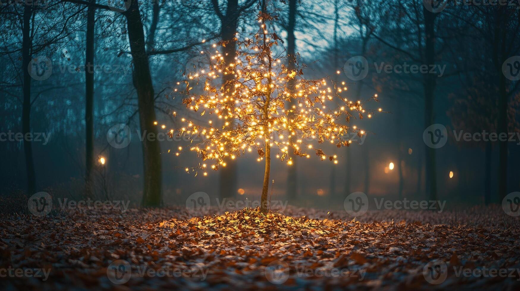 Sparse autumn tree adorned with warm glowing lights photo