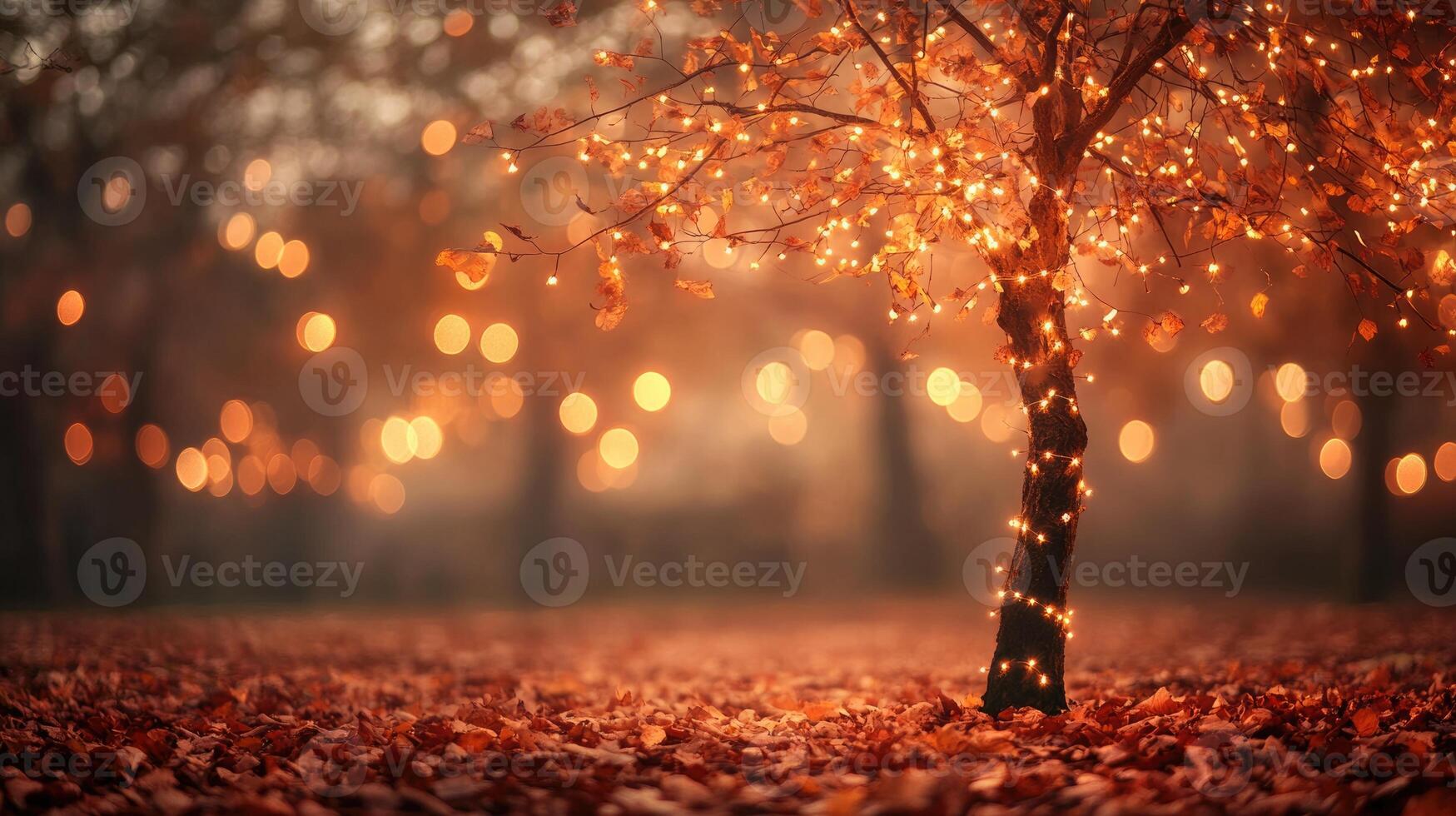 Sparse autumn tree adorned with warm glowing lights photo