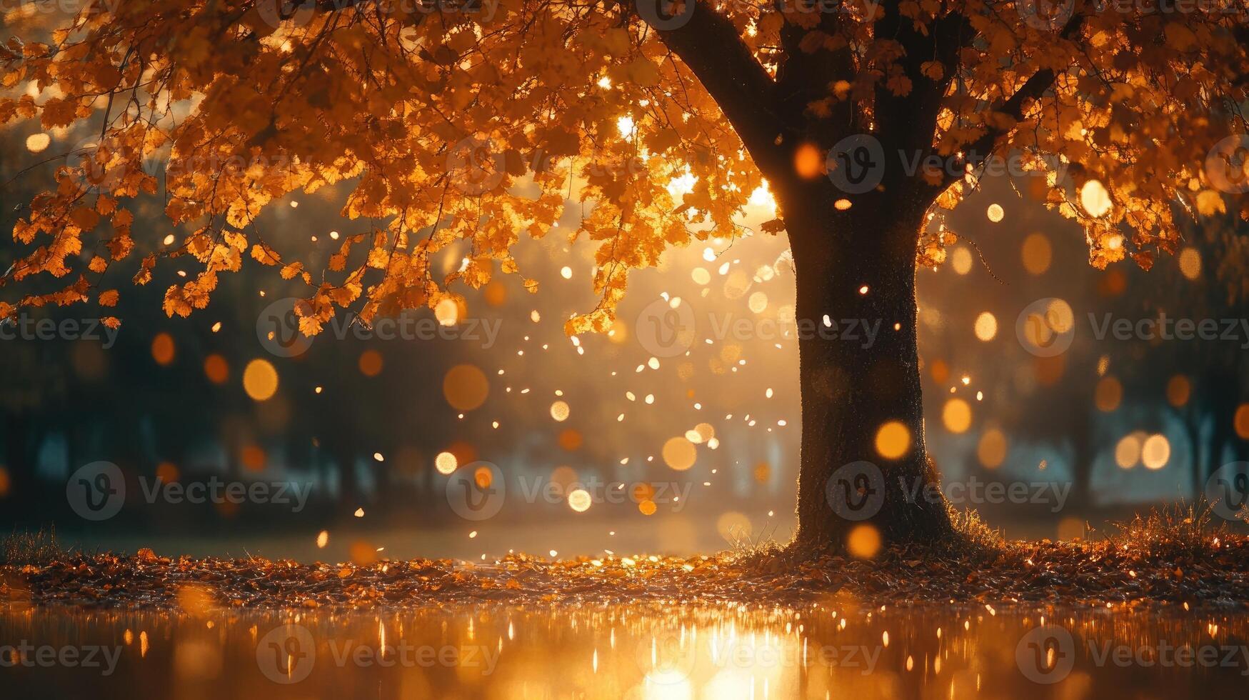 Sparse autumn tree adorned with warm glowing lights photo