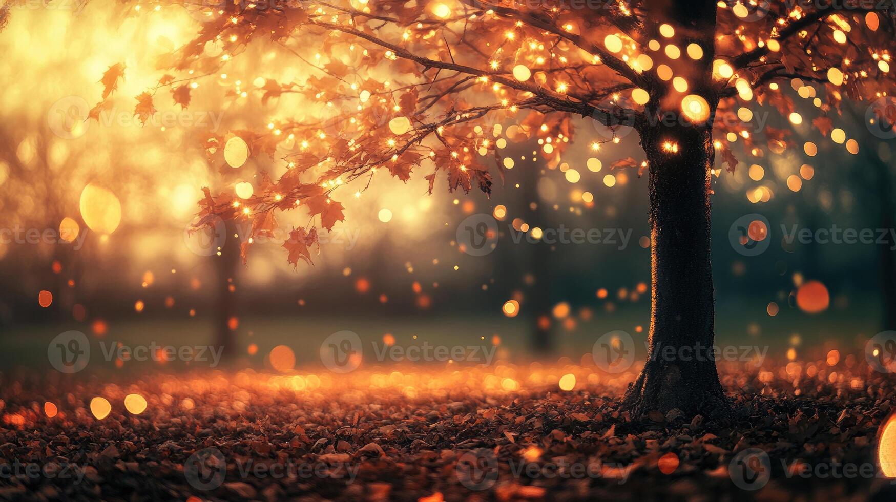 Sparse autumn tree adorned with warm glowing lights photo