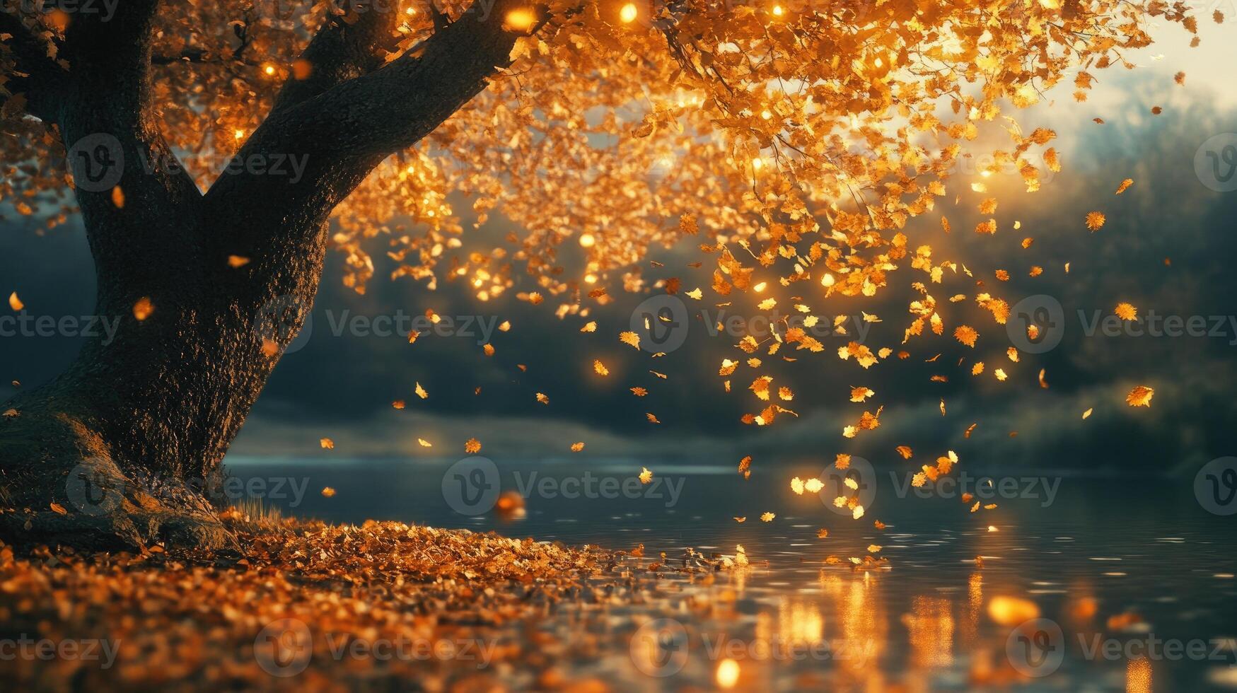 Sparse autumn tree adorned with warm glowing lights photo