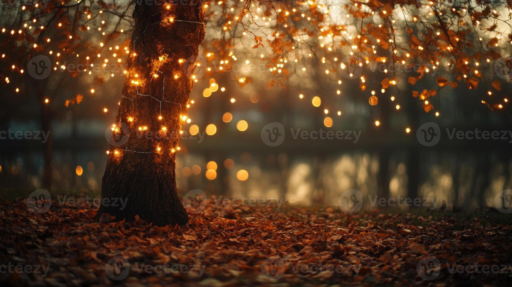 Sparse autumn tree with glowing string lights wrapped around its branches photo