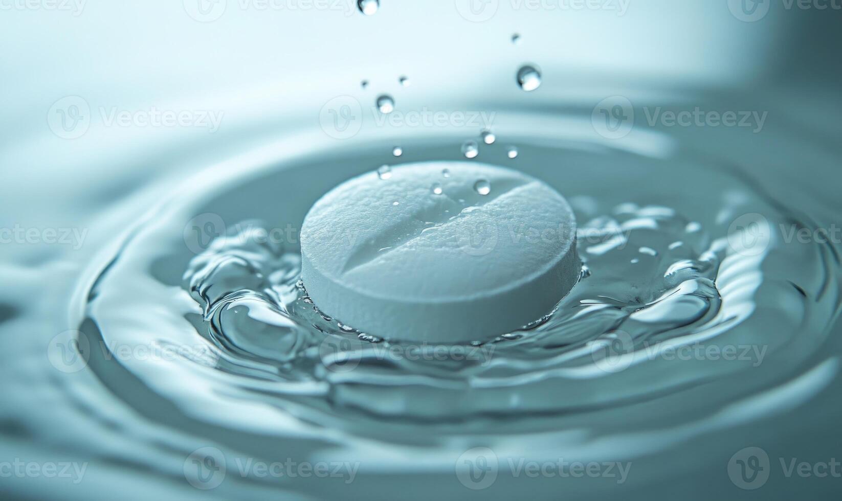 Tablet fizzing in water, bubbles ascending, close-up shot photo