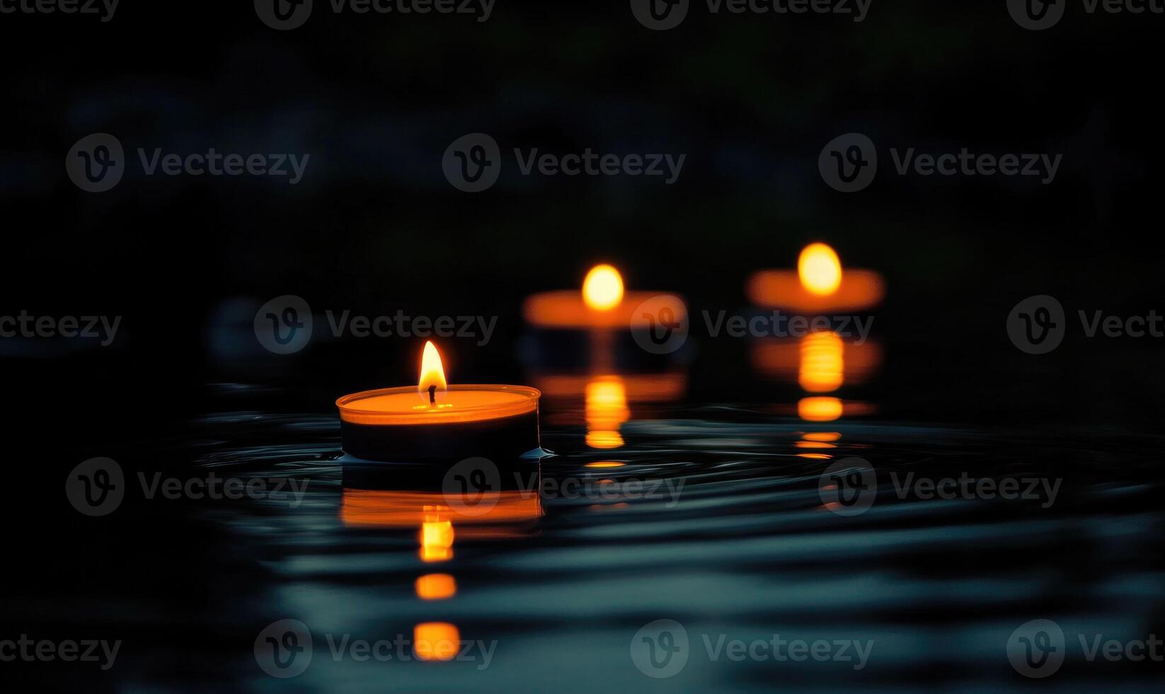 Multiple candles floating gently on a dark lake photo