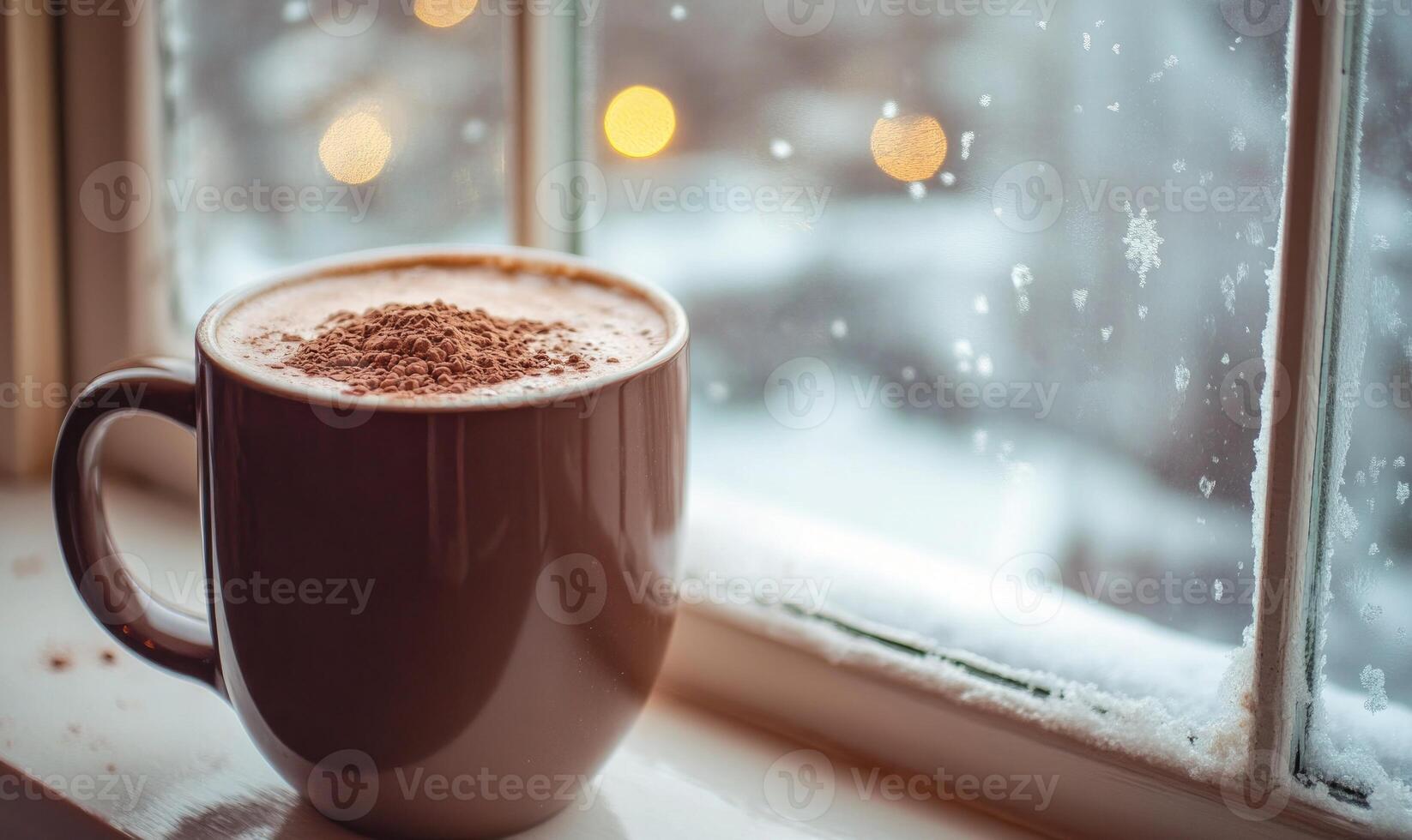 A mug of hot chocolate sits on a windowsill, with snow falling outside photo
