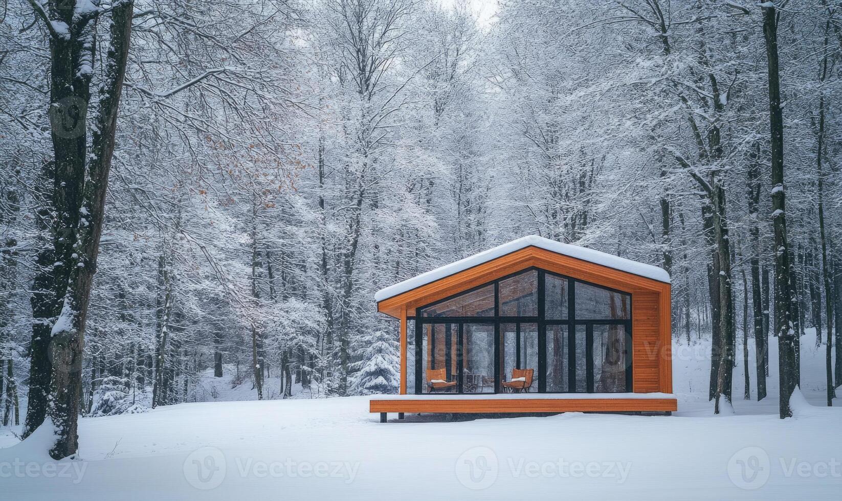 A small cabin in the woods with a snow covered roof photo