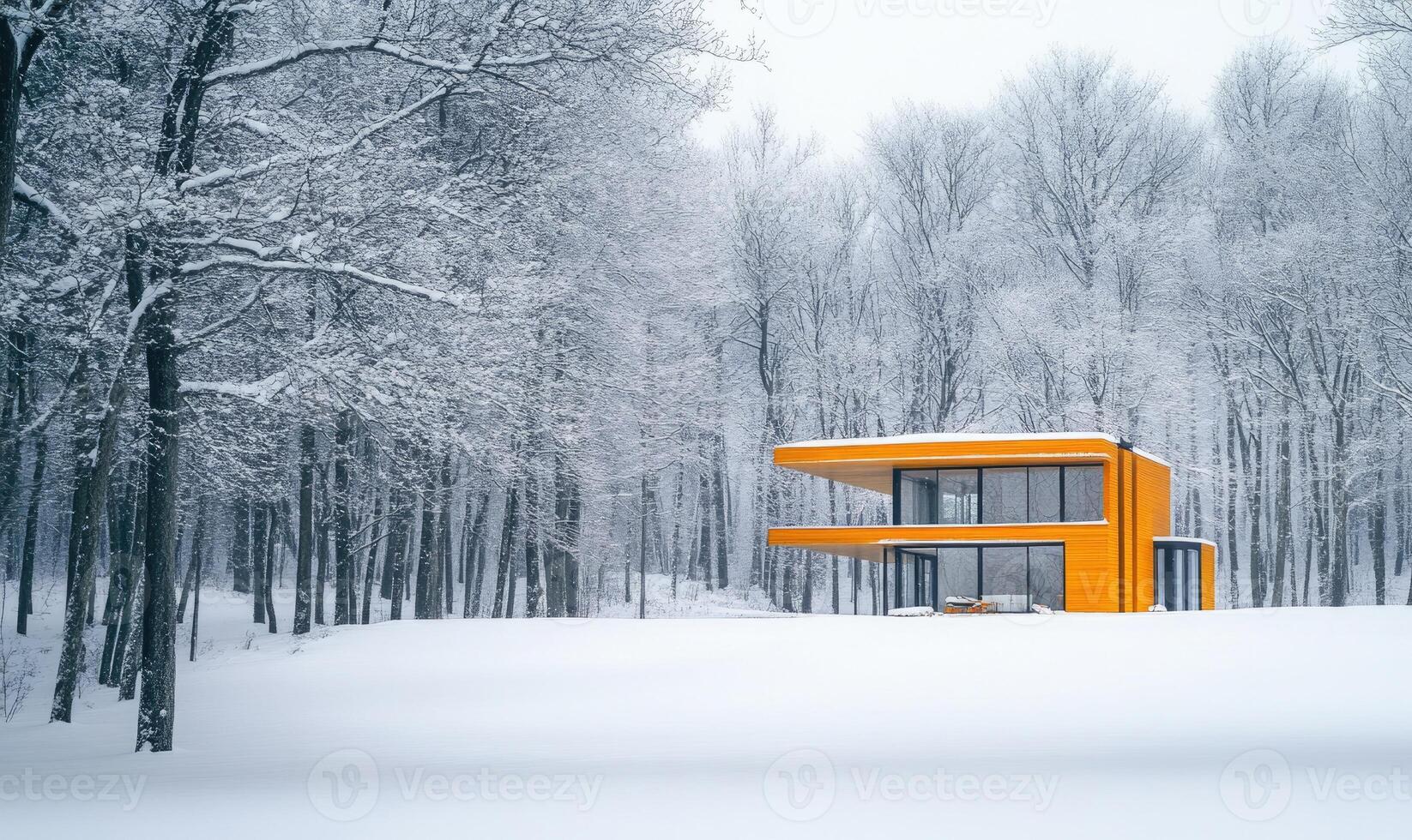 A house with a yellow roof sits in a snowy field photo
